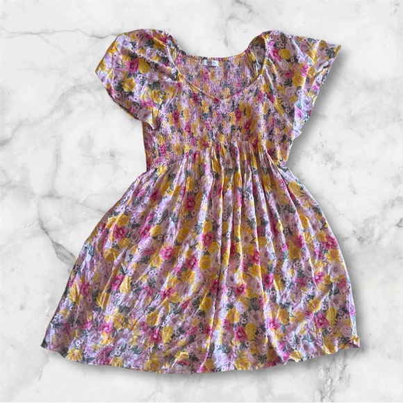 Jolie & Joy Women's Pink Yellow Flowy Ruffle Floral Smocked Mini Dress Size 2X - Picture 3 of 14